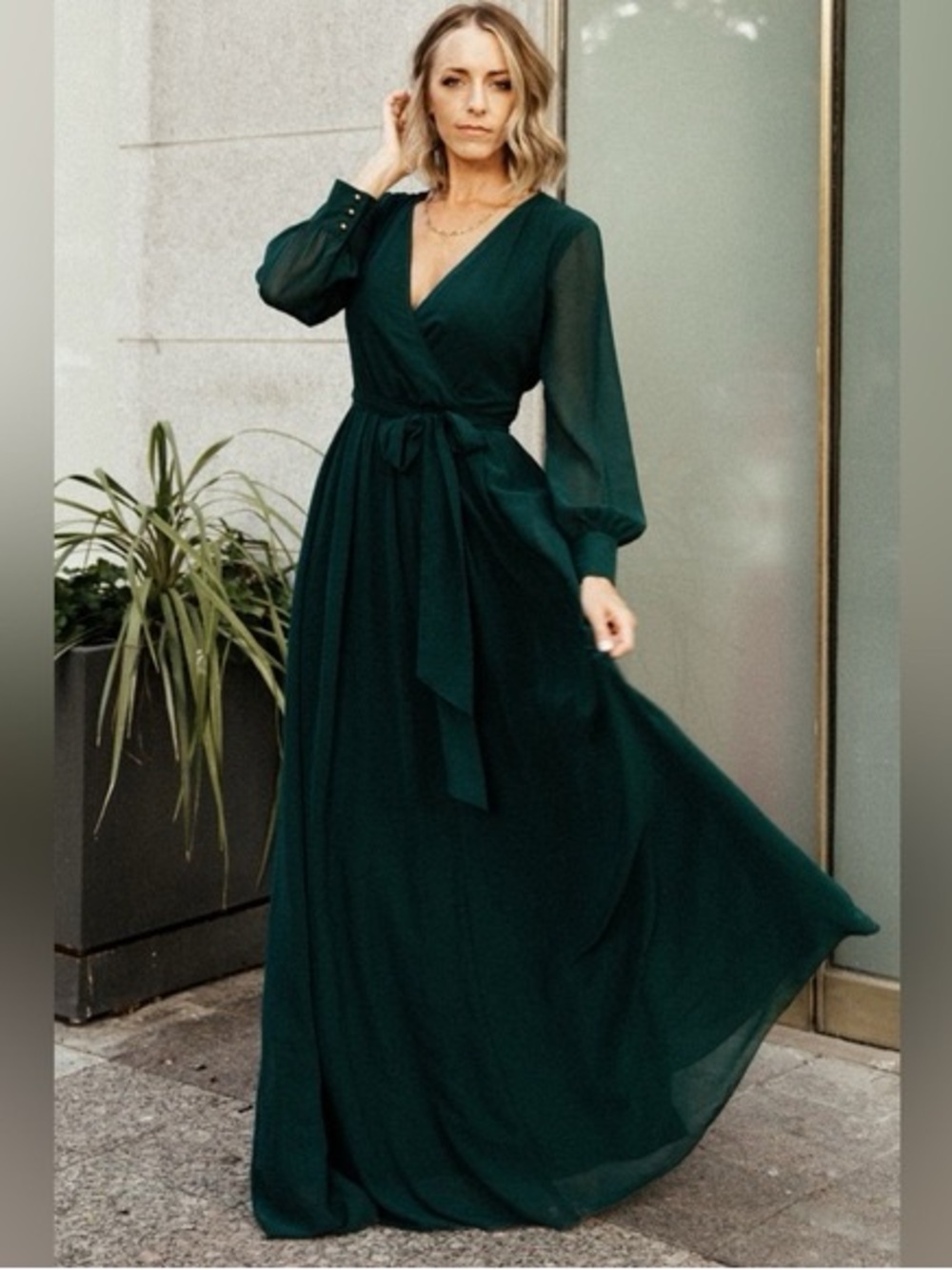 Baltic Born Forest Green Wrap Maxi Dress with Sheer Sleeves